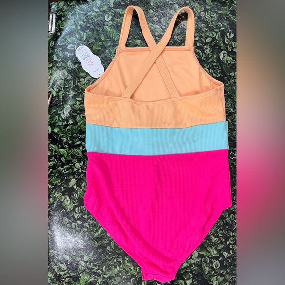 Wonder Nation ColorBlock Tie Waist One Piece Swimsuit 10/12 Plus Pink Orange - Picture 7 of 11